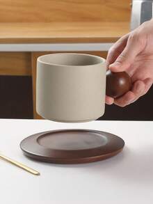 1pc Creative Minimalist Ceramic Coffee Cup & Saucer Set, With Wooden Ball Handle, Office & Casual Mug, Home Breakfast Cup, Latte Art Coffee Cup, Afternoon Tea Cup & Saucer, Practical Drinkware - Multicolor - View 6