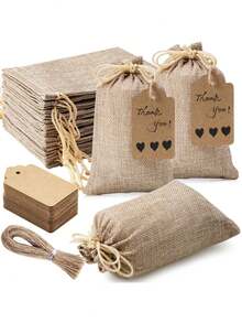 Túi quà bằng vải lanh thô có thể tái sử dụng, có dây rút và thẻ quà tặng, thích hợp làm quà tặng đám cưới, túi đựng trang sức dự tiệc, quà Giáng sinh, đồ thủ công tự làm. - Màu Khaki - Xem 5