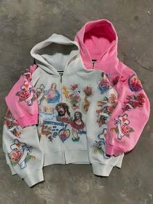 Men's Jesus Print Hoodie Letter Loose Sweatshirt Goth Rock Street Design Zip-Up Jersey - Hồng - Xem 4