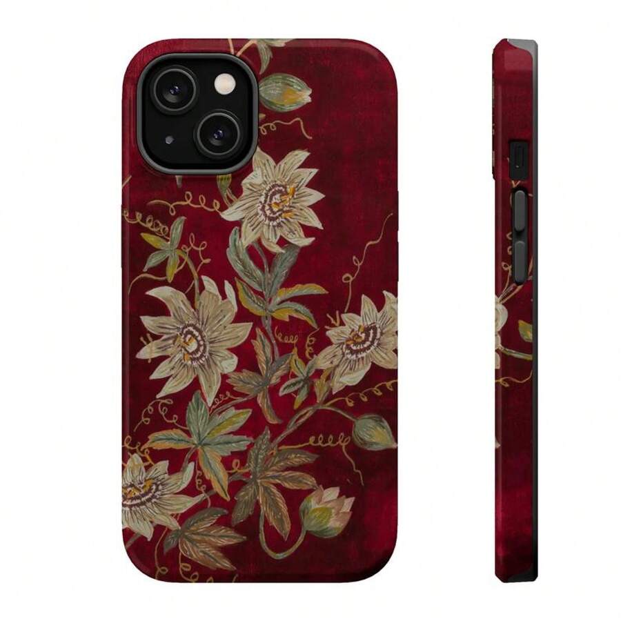 White Passionflowers On Deep Red Tough IPhone Case, Passionflowers Tough Phone Case, Gift For Her, Vintage, Retro Cover For Iphone 16 Pro Max, 15 Pro, 13, 11, 12, XS, 8 Plus, 7 - 混合顏色 - 查看 1