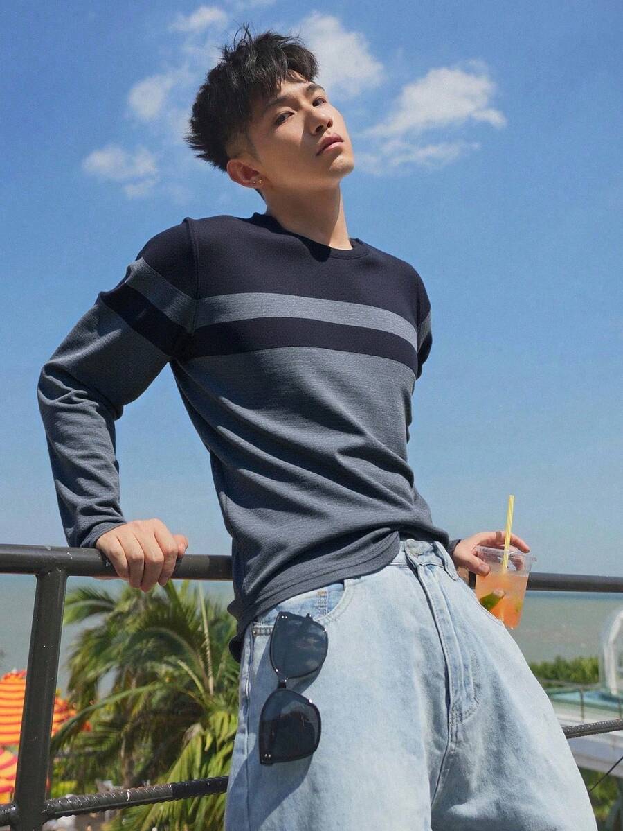 Impala Playera manga larga para hombre con bloques de color estilo casual deportivo |playera manga larga hombre, playera deportiva casual, camiseta bloques de color, playera gris y negra, ropa casual hombre, playera ligera manga larga, camiseta moderna hombre, playera combinada hombre, moda masculina casual, camiseta regular fit. - Azul - Ver 1
