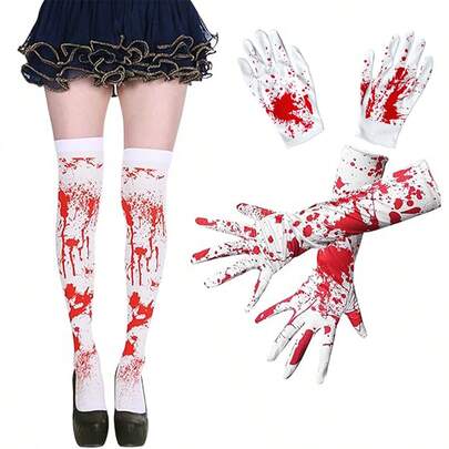 2/6 món đồ trang trí tiệc Halloween, găng tay dài kinh dị đẫm máu, phụ kiện trang điểm bóng, tất trang trí tiệc Halloween phù thủy, vật dụng tiệc Halloween