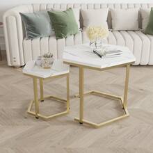 Set Of 2pcs Hexagonal Shape Side End Tables Nested Tables Sofa Lamp Tables Small Coffee Tables Marble Effect MDF Top Board Metal Frame For Dining Room Living Room Bedroom - White - View 4