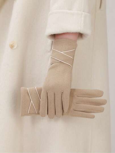 1 Pair Solid Color Casual Polyester Fiber Touchscreen Gloves, Warm Thermal Lined, Suitable For Women, Daily Wear, Driving, Cycling In Winter