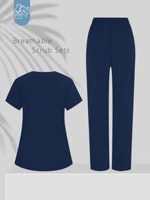 V-Neck Solid Color Pocket Short Sleeve Top And Pants Uniform Set Spring - Navy Blue - View 2