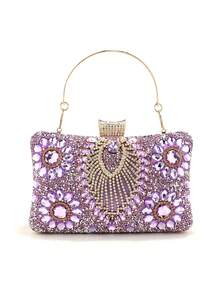 Geantă de mână cu strasuri de lux și sclipici violet, poșetă mică de tip clutch, geantă elegantă de seară, portofel pentru petrecere de nuntă cu lanț metalic, poșetă de tip clutch la modă, geantă de mireasă potrivită pentru banchet formal, petrecere, nuntă, sărbătoare, cadou pentru femei
