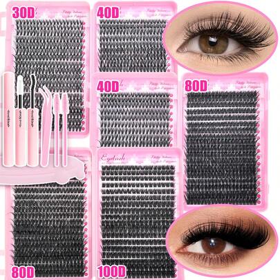 720片假睫毛套装，单簇假睫毛，D卷度，9-16毫米，DIY手工假睫毛，自然浓密卷翘，柔软厚实，可选长度：30D/40D/40D/80D/80D/100D，超轻盈，0.07毫米仿貂毛，单簇设计，适合日常佩戴、派对及各种场合，必备化妆工具