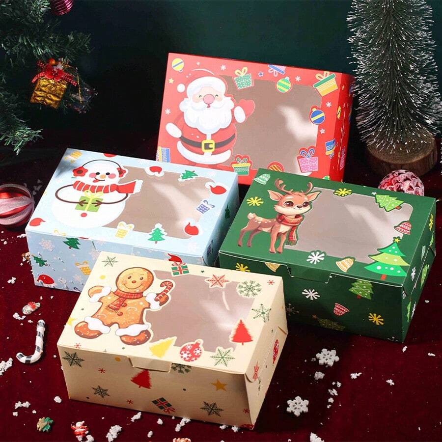 4/8/12 piezas Caja de regalo de embalaje de caramelos para fiesta de Navidad con diseño de muñeco de nieve antiguo, galletas, caja de pan de jengibre, decoraciones navideñas, pijamas navideños, regalos navideños, decoración navideña - Multicolor - Ver 1