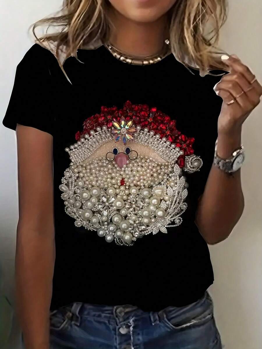 Vintage Weihnachtsmann Grafik T-Shirt - bequem, Kurzarm Rundhals, Unisex, Weihnachtsgeschenk - Schwarz - Übersicht 1