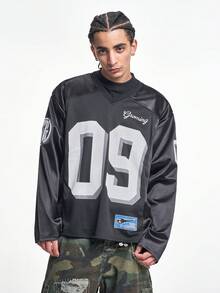 MT99 复古美式橄榄球球衣，宽松运动卫衣，男女通用长袖黑色 - 黑色 - 查看 1