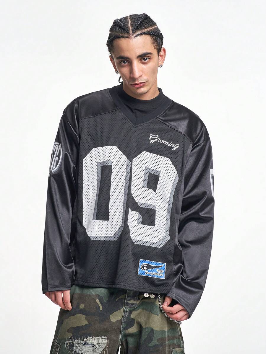 MT99 复古美式橄榄球球衣，宽松运动卫衣，男女通用长袖黑色 - 黑色 - 查看 1