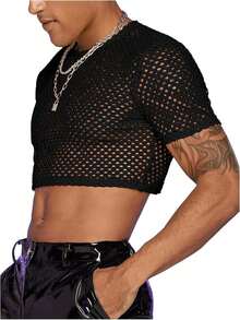 Men's Fishnet Mesh Tee Shirt Round Neck Short Sleeve Crop Top - 黑色 - 查看 9
