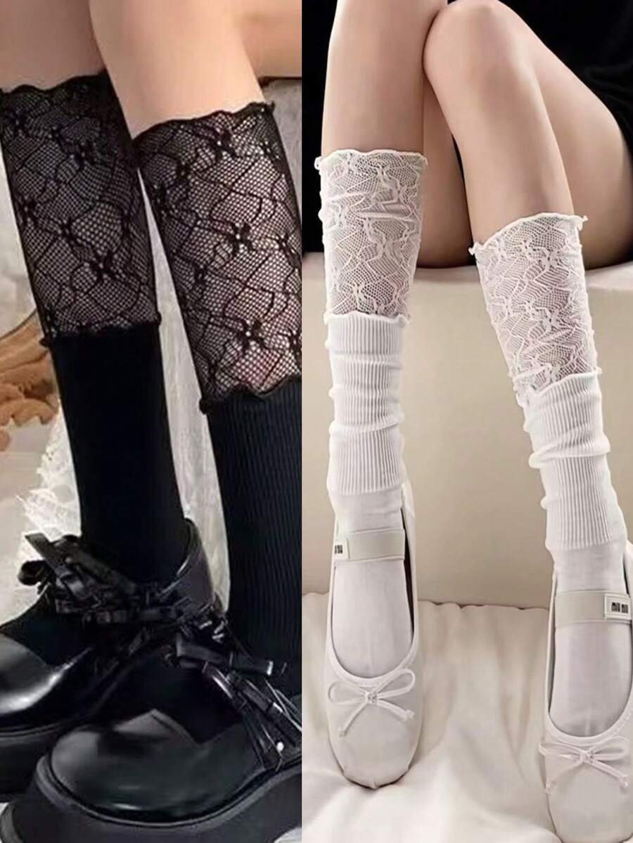 1 Đôi tất cao đến đầu gối phối ren xếp nếp phong cách ballet xuân/hè, phong cách Y2K dành cho nữ - Nhiều màu - Xem 1