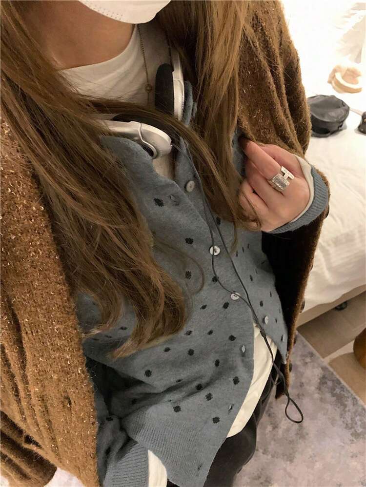Polka Dot Pattern Vest, Women's Casual Long Sleeve Knit Cardigan, Spring - Dark Grey - View 4
