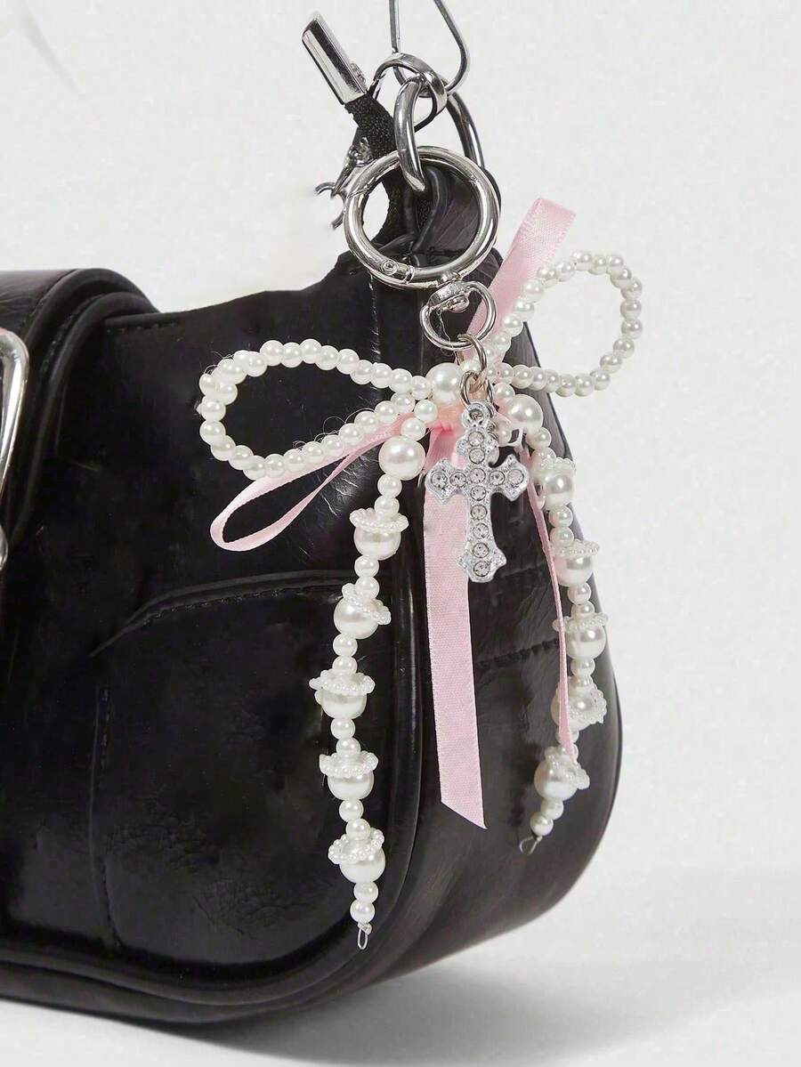 Y2k 粉红丝带蝴蝶结珍珠钻石十字架吊坠钥匙扣，精致的少女包饰，适合女孩、学生和的可爱包饰 - 适合背包、钱包、手机、礼品袋和日常学校使用的精美配饰，也可作为礼物赠送给朋友、生日礼物、教师节礼物、返校季节。