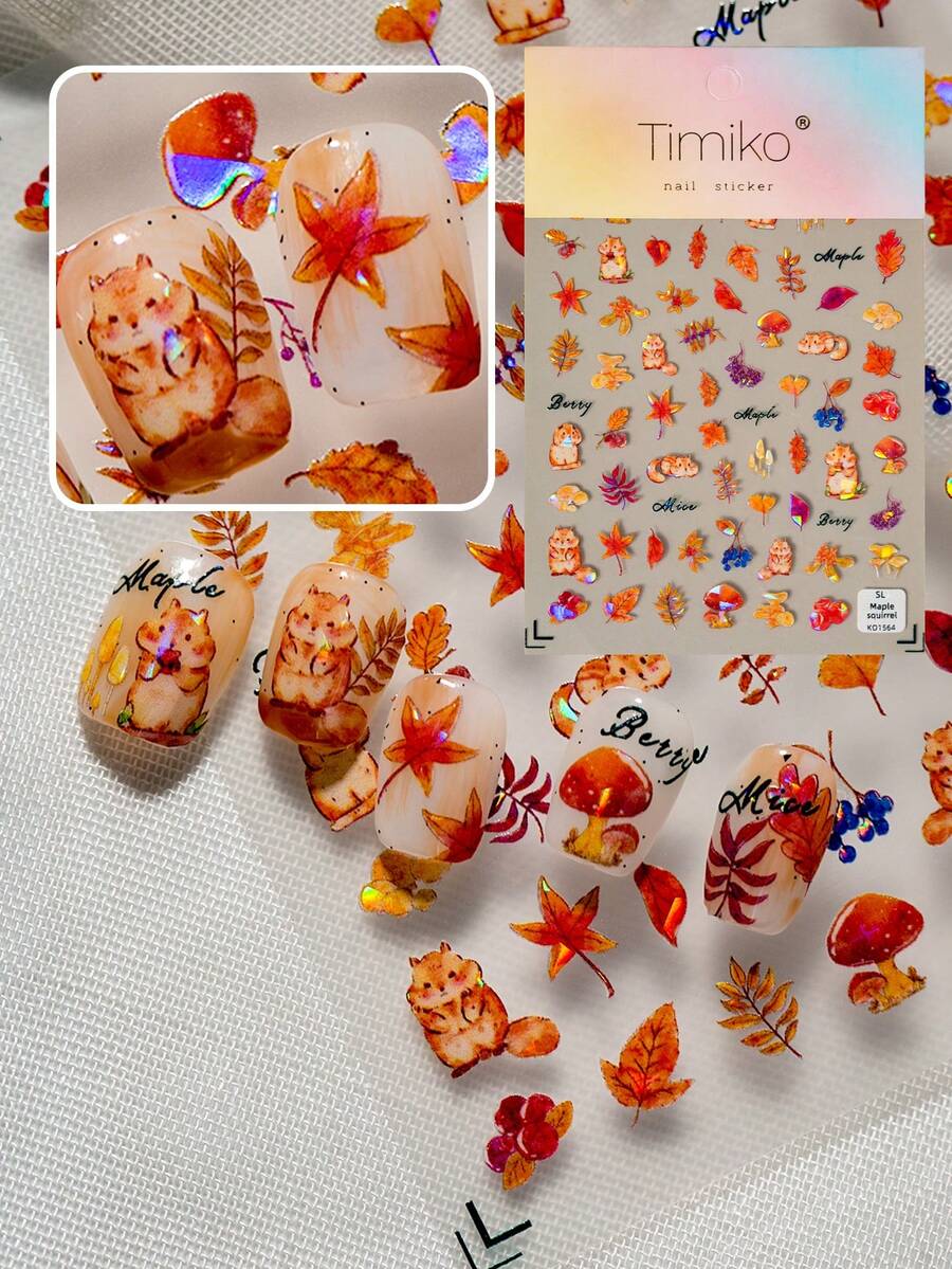 1 秋冬季节，激光和贝壳灯美甲贴纸，采用黄色和红色设计风格以及温暖的枫叶风格颜色，适合美甲爱好者收藏和女士和女孩DIY使用