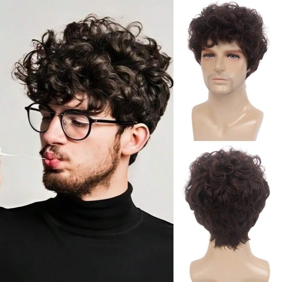 12-Inch Deep Brown Curly Synthetic Wig For Men, Realistic Short Hair Wig Suitable For Daily Wear, Role Play, Parties, Cosplay And More, REEWES Brand - Chocolate Brown - View 1