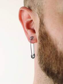 1 件装不锈钢朋克安全别针设计银色耳钉简约黑色环状耳环穿孔珠宝男士礼物 - 別針 - 查看 6