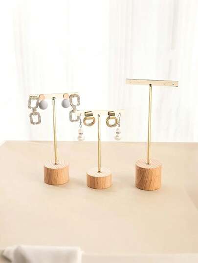 3件金属T形耳环展示架 | 带木质底座 | 珠宝店零售摄影道具 | 耳环和吊坠展示架 | 无需组装坚固结构 | 商店橱窗货架展示 | Ins风格配饰展示架 | 奢华珠宝收纳架 | 婚礼珠宝展示道具