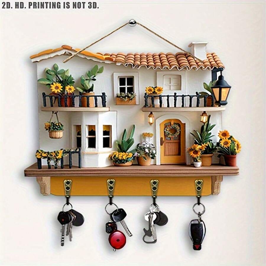 House Shaped Hat Coat Hooks With 4 Hooks, Decorative Wall Mounted Key Holder For Entryway, Front Door, Hallway, Kitchen - 白色 - 查看 1