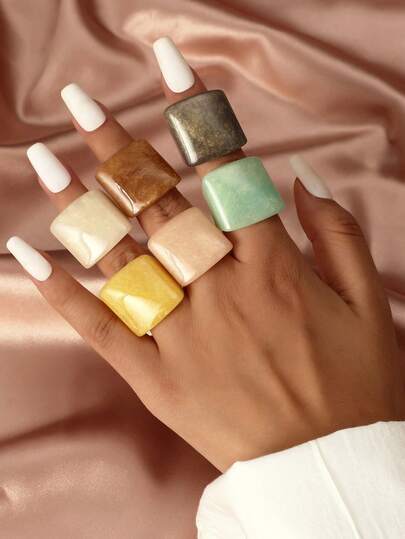 6-Color Bohemian Style Resin Ring Set, Geometric Open Ring, Sweet & Cool Accessories, Fashion Rings For Women, Ideal Gift