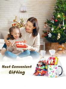 50/100个透明三角玻璃纸礼品袋，配金色扭绳，可重复使用的塑料礼品包装，适用于马克杯、甜点、松饼、面包、巧克力、透明面包袋、塑料袋、饼干袋、糖果袋，适合作为零食礼品、生日派对礼物、圣诞礼品袋。 - 彩色 - 查看 5