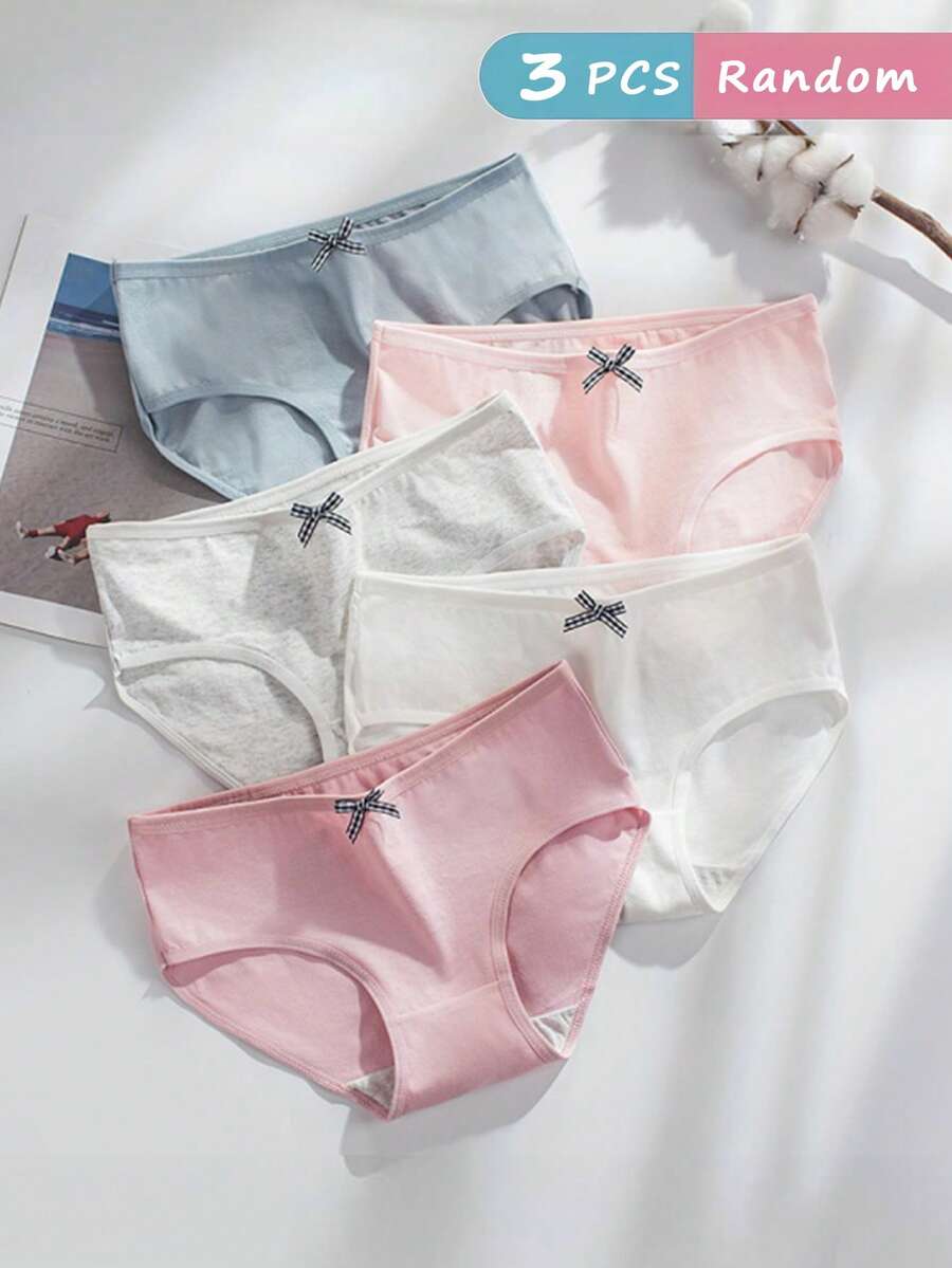 AOKVOGIRL 3 chiếc/gói Quần lót cotton kẻ caro màu ngẫu nhiên kiểu dáng dễ thương cho nữ, Quần lót trơn màu tối giản cho bé gái, học sinh, Quần lót tam giác đáy cotton cạp vừa - Nhiều màu - Xem 1