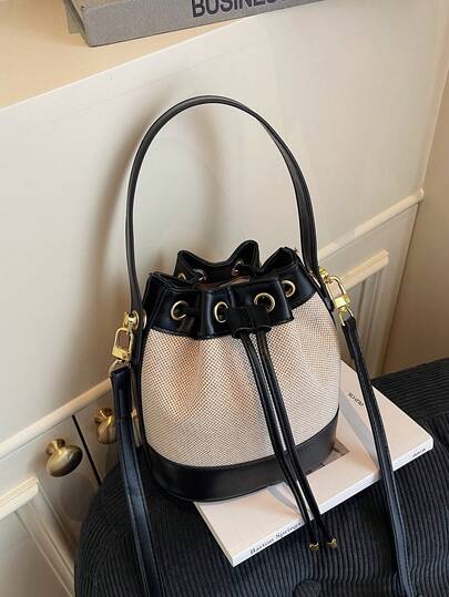 Women's Bucket Bag, Fashion Casual Straw Woven Shoulder Crossbody Bag, Drawstring Closure Mini Handbag