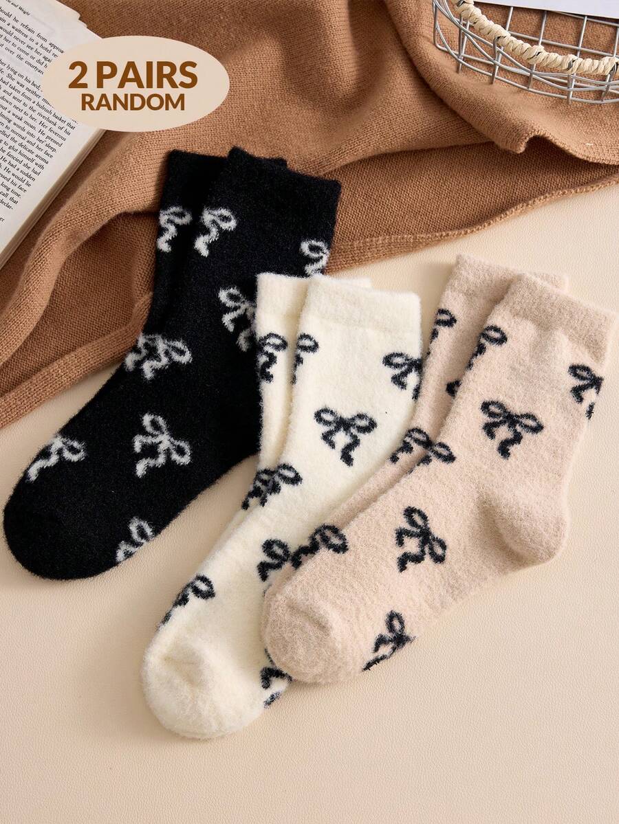 2/4双装女士加厚冬季蝴蝶结图案中筒袜,圣诞礼物,柔软舒适保暖休闲袜,颜色随机,适合日常穿着和外出,舒适保暖 - 彩色 - 查看 1
