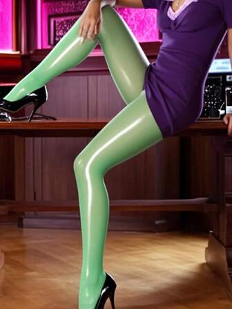 1 Pair Glossy Shiny Pantyhose, Colorful Slimming Sexy Aurora Shimmery Open Crotch Stockings