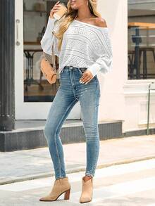 Womens Off Shoulder Sweaters Fall 2025 Oversized Knit Batwing Long Sleeve Crochet Pullover Sweater Tops - White - View 1