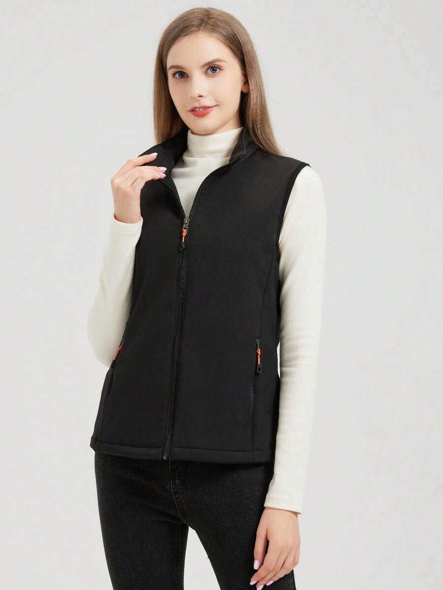 1 chiếc áo khoác thể thao ngoài trời dành cho nữ, áo vest thường ngày, áo vest vải chống thấm nước, áo vest mềm mại, áo vest tôn dáng cho nữ, lót giữ nhiệt và dày dặn, mùa thu/đông, màu đen nỉ.