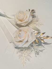 2 件装白玫瑰花配金叶奢华胸花和腕花套装适用于婚礼、正式活动、派对装饰情人节 - 白色 - 查看 6