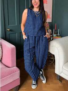Women's Casual Blue Plaid Two Piece Outfit Sleeveless Round Neck Cropped Top And Pants Set Non-Stretch Woven Fabric - Màu xanh lam - Xem 4