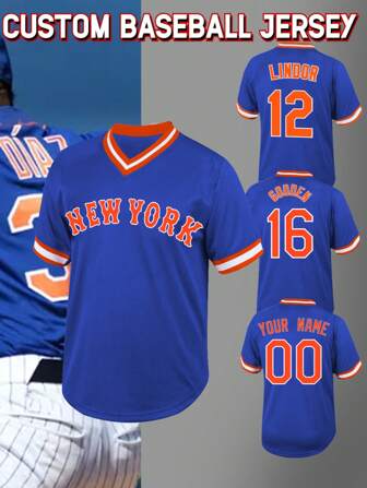 Anpassad herrbasebolltröja med broderi, New York blå, V-ringad, personlig kortärmad, knappar, festtröjor, träningstoppar, S-XXL