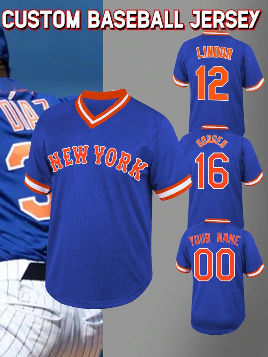 Personalisiertes Namen- und Nummern-Herren Baseball Trikot New York Blau V-Ausschnitt, personalisiertes kurzärmeliges Knopfhemd für Partys, Training, Sport Tops Größe S-XXL