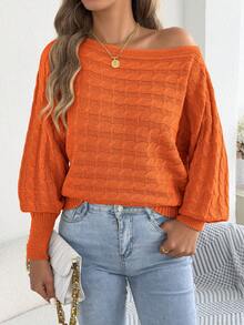 Casual Basic Wide Neckline Cable Knit Long Sleeve Pullover Sweater, Autumn/Winter - Orange - View 5