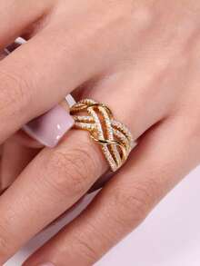 1pc S925 Sterling Silver Delicate Triple Circle Cross Ring, Women's Thumb Ring, Exquisite Jewelry Gift - Gold - View 3