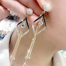 1 Pair Elegant Bohemian Geometric Teardrop Dangle Earrings With Sparkling Artificial Synthetic Zirconia Stones, Golden-Tone Alloy Long Drop Earrings For Women,Perfect For Daily Wear, Parties, Banquets & Gifts, Cute Earrings, Party Accessories, Sophisticated Style, Synthetic Zirconia Embellishments, Daily Wear Jewelry - 黑色 - 查看 1