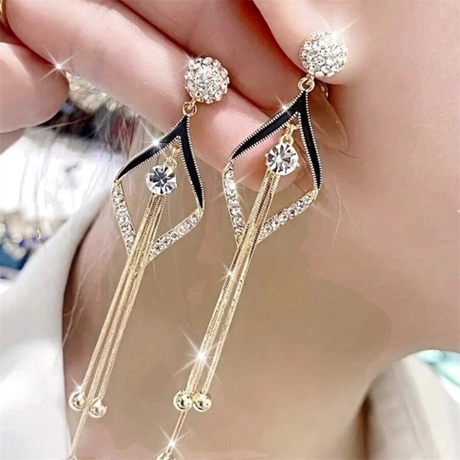 1 Pair Elegant Bohemian Geometric Teardrop Dangle Earrings With Sparkling Artificial Synthetic Zirconia Stones, Golden-Tone Alloy Long Drop Earrings For Women,Perfect For Daily Wear, Parties, Banquets & Gifts, Cute Earrings, Party Accessories, Sophisticated Style, Synthetic Zirconia Embellishments, Daily Wear Jewelry - 黑色 - 查看 1