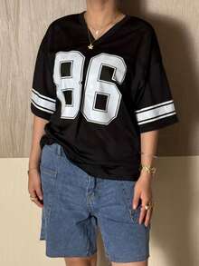 Blusas holgadas para mujer con medio manga, cuello en V y gráfico de letras, camisetas holgadas y túnicas - Negro - Ver 4