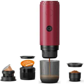 三合一便携式电动意式咖啡机，迷你旅行咖啡机，冷热饮，易于使用的按钮控制，带 USB-C 自加热功能的车载咖啡机，可研磨咖啡和使用胶囊，适用于家庭、办公室、露营、汽车和旅行。