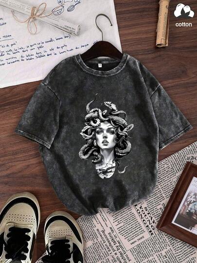 Camiseta de algodón Es Trus, estampado divertido de "Medusa" estilo hip-hop para mujer, estampado personalizado, estilo coreano, cómoda, retro, básica, moda versátil Y2K, adecuada para ocio al aire libre, estilo punk regular, cuello redondo, manga corta, lavada