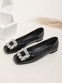 New Glossy High-End Flat Soft-Sole Rhinestone Square Buckle Square Toe Wide Plus Size Slip-On Casual Women Shoes, Plus Size Commuting Shoes - Black - View 7