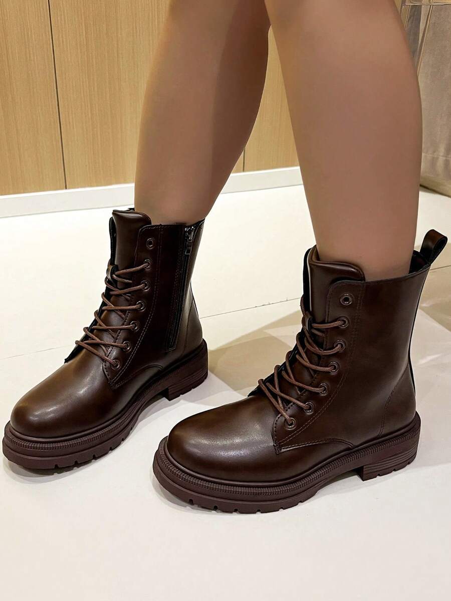 Women's Side Zipper Design Casual Everyday Ankle Boots - Coffee Brown - View 1