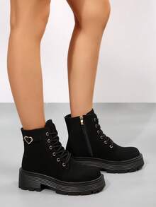 搭配任何牛仔裤，加大码女式系带粗跟踝靴，时尚侧拉链靴，多功能摩托车靴搭配牛仔裤 - 黑色 - 查看 7