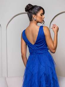 ELEGANT LONG WEDDING PARTY DRESS FOR GRADUATE BRIDESMAIDS WITH WATERFALL NECKLINE AND SKIRT - Xanh đậm - Xem 2