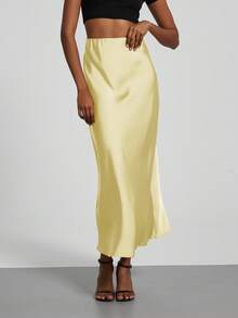 Se-Helo Fashion Women's Elastic Satin Finish Maxi Skirt - Sunlight Yellow - Sunlight Yellow - View 7