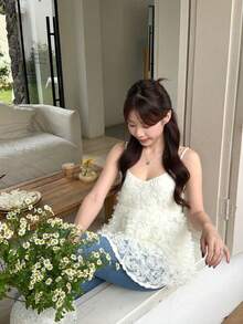 女士春季新品简约宽松优雅小众3D花卉无袖甜美吊带背心，夏季服装 - 杏色 - 查看 9