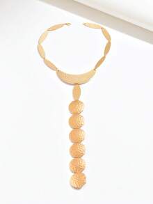 1pc Fashionable Minimalist Versatile Creative Metal Y-Shaped Necklace, Geometric Asymmetrical Circle Oval Moon Multi-Shape Hammered Metallic Combination Y-Shaped Pendant Necklace, Suitable For Women's Daily, Festivals, Parties, Formal Wear - Golden - View 3